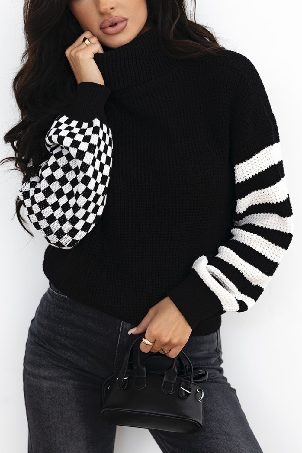 Striped & Checkered Turtleneck Dropped Shoulder Sweater-TOPS / DRESSES-[Adult]-[Female]-Black-S-2022 Online Blue Zone Planet