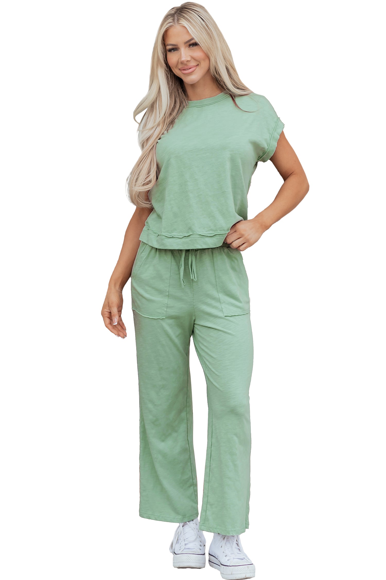 Canton Cuffed Short Sleeve Tee Raw Seam Patch Pocket Drawstring Pants Set-Two Piece Sets/Pant Sets-[Adult]-[Female]-2022 Online Blue Zone Planet
