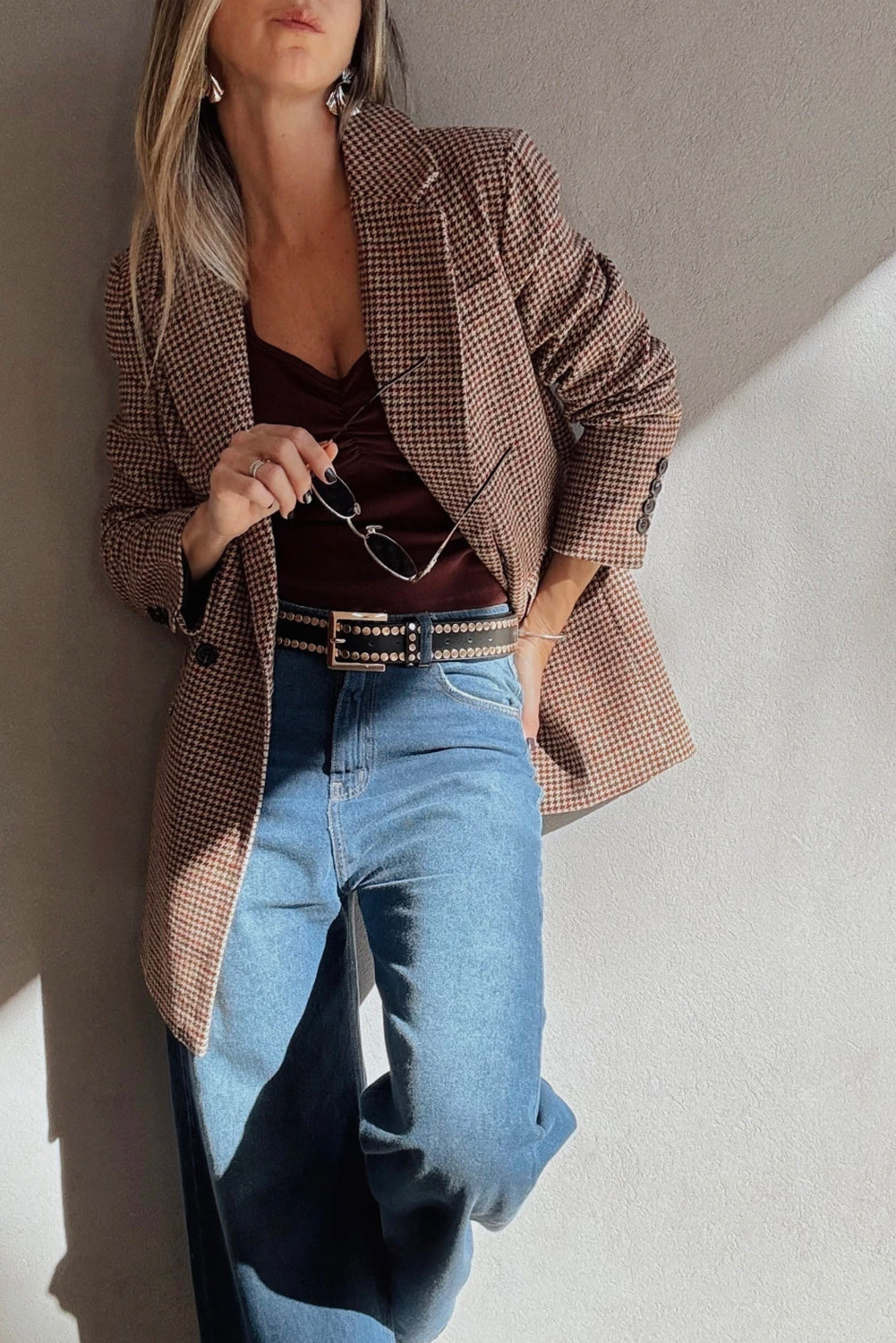 Brown Houndstooth Lapel Collar Blazer-Outerwear/Blazers-[Adult]-[Female]-2022 Online Blue Zone Planet