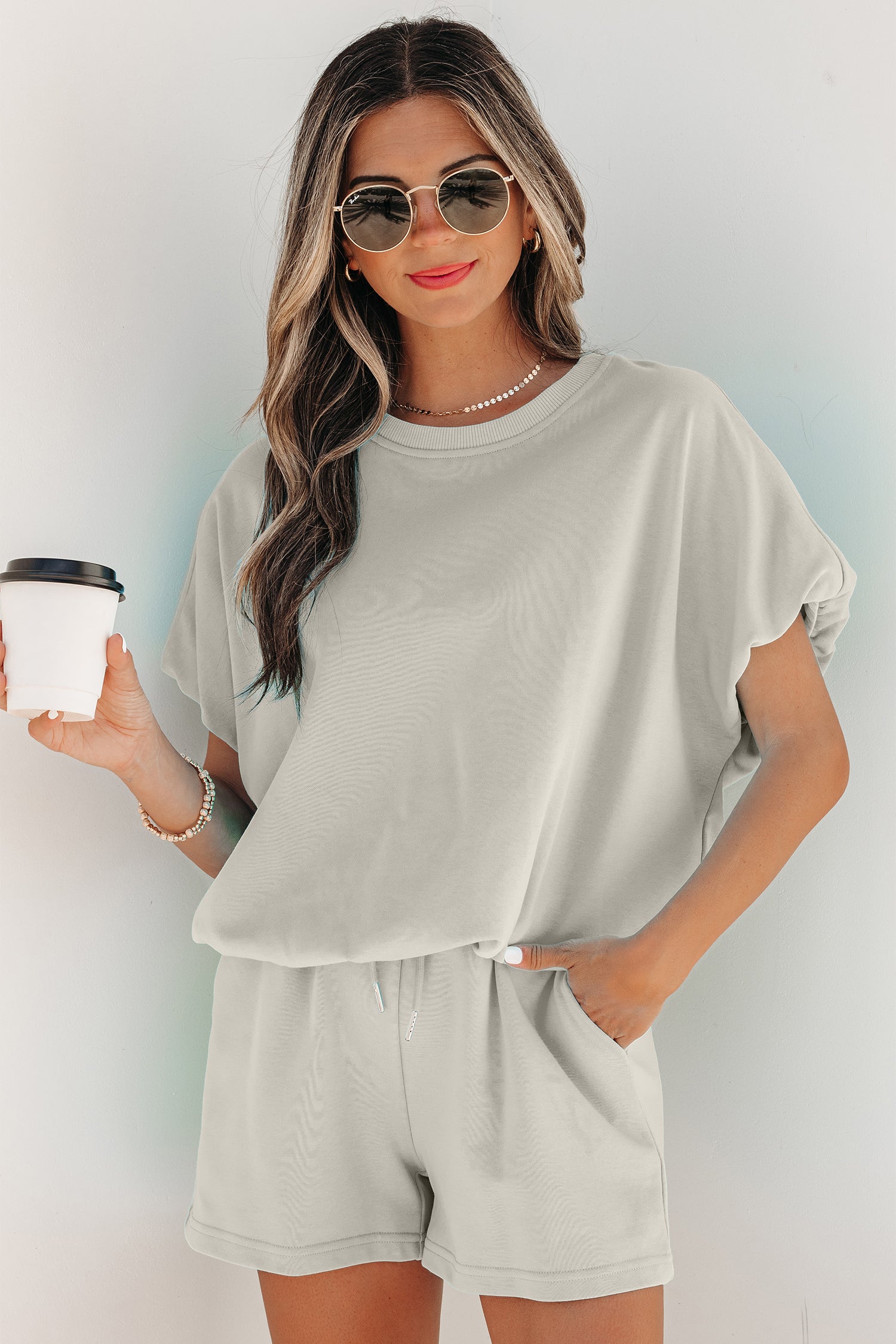 Smoke Gray Solid Color Puffy Loose Top Drawstring Shorts 2pcs Outfit-Two Piece Sets/Short Sets-[Adult]-[Female]-2022 Online Blue Zone Planet