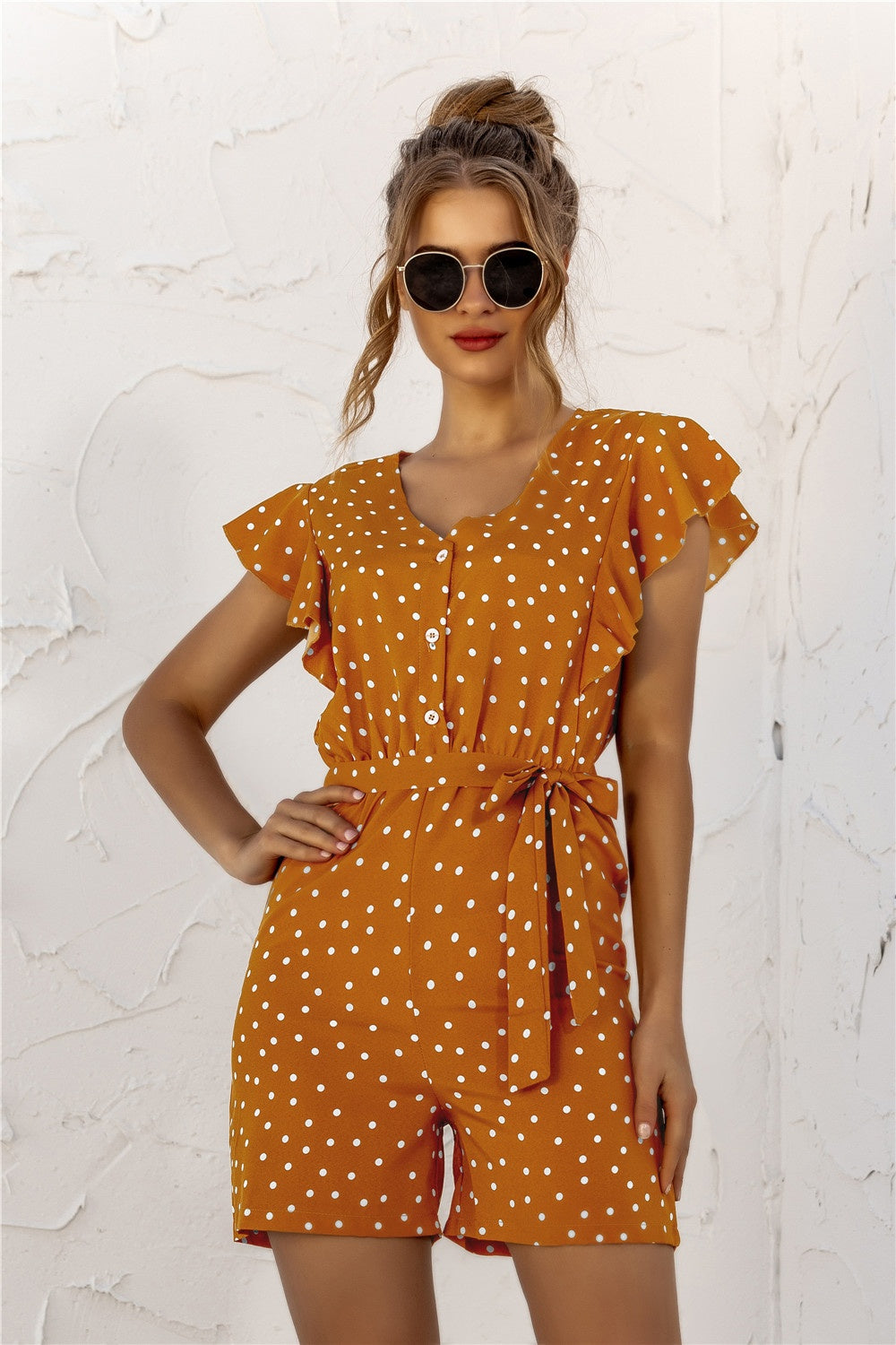 Ruffled Polka Dot Half Button Romper-TOPS / DRESSES-[Adult]-[Female]-2022 Online Blue Zone Planet