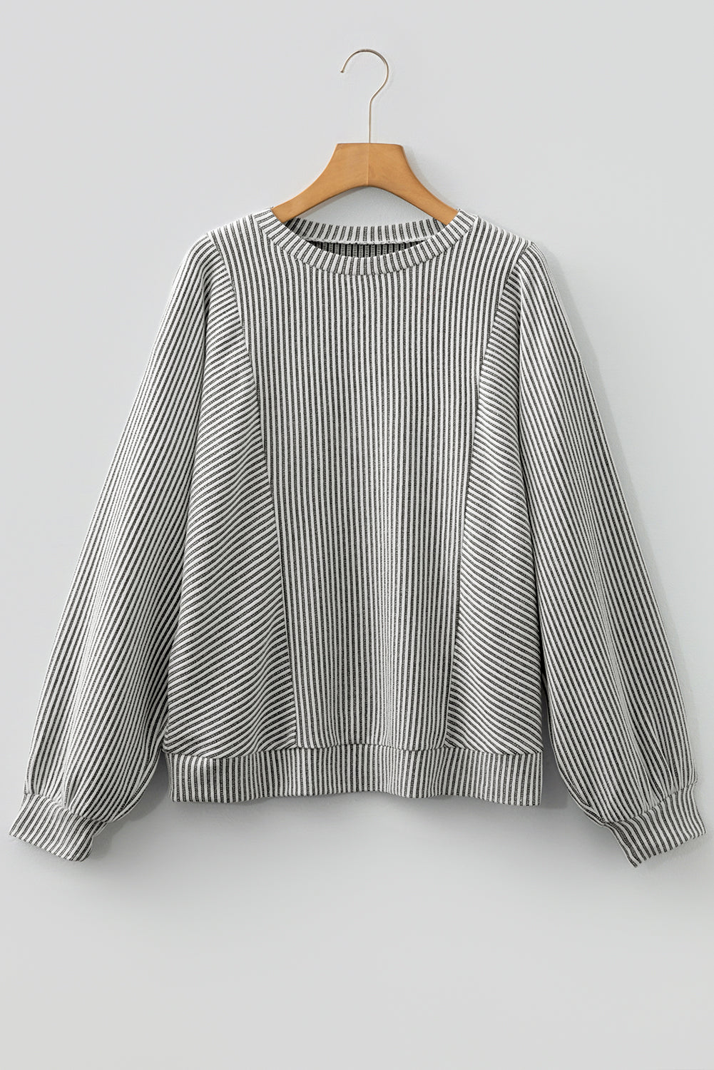 Gray Ribbed Knit Round Neck Long Lantern Sleeve Top-Tops/Long Sleeve Tops-[Adult]-[Female]-2022 Online Blue Zone Planet