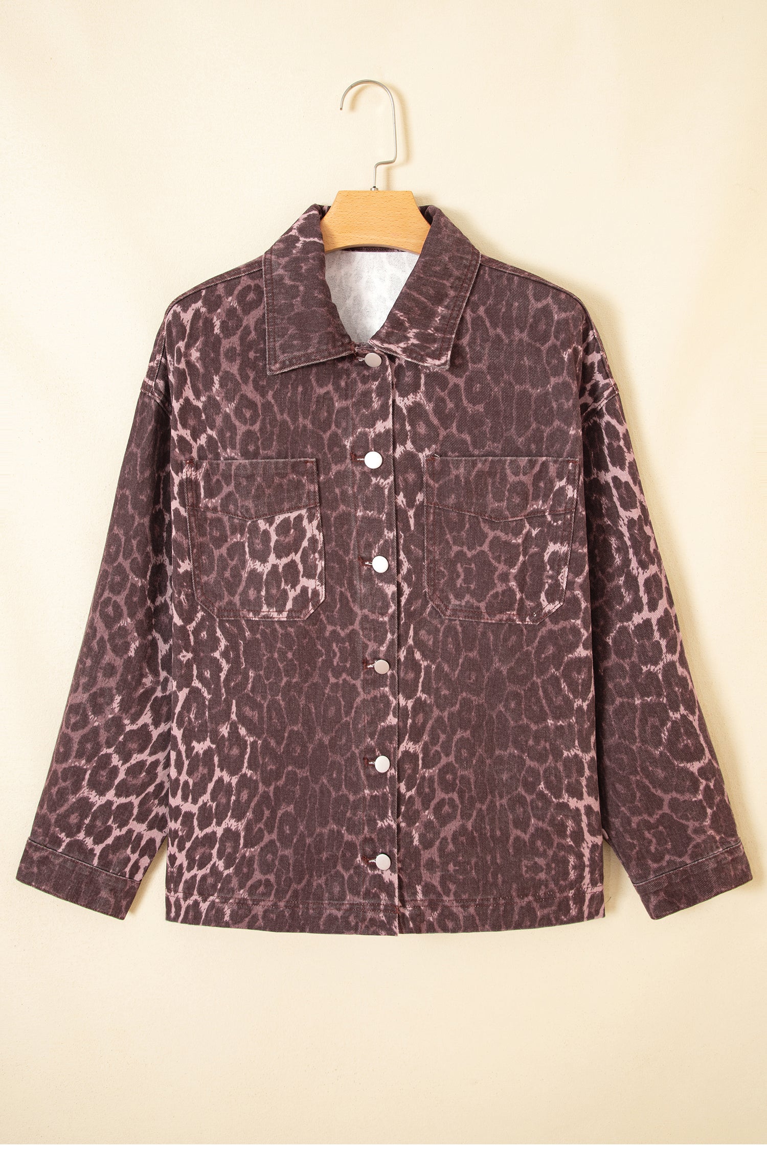 Khaki Oversized Leopard Print Long Sleeve Patch Pocket Denim Jacket-Outerwear/Denim jackets-[Adult]-[Female]-2022 Online Blue Zone Planet