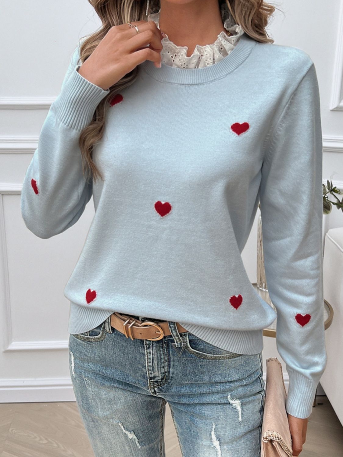 Lace Detail Heart Long Sleeve Sweater-TOPS / DRESSES-[Adult]-[Female]-Light Blue-S-2022 Online Blue Zone Planet