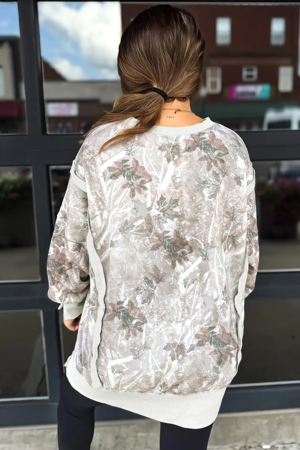 Gray Leafy Camo Print Exposed Seam Patchwork Baggy Slit Sweatshirt-Tops/Sweatshirts & Hoodies-[Adult]-[Female]-2022 Online Blue Zone Planet