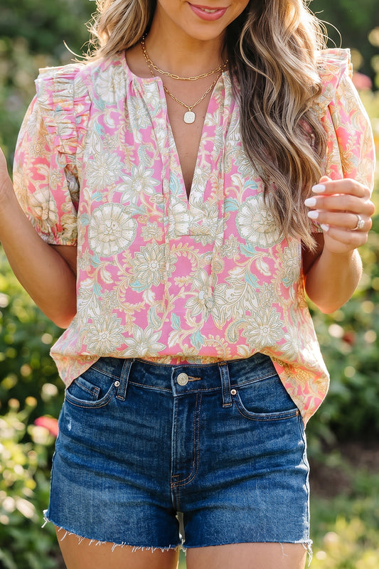 Pink Tie V Neck Floral Short Puff Sleeve Blouse-Tops/Blouses & Shirts-[Adult]-[Female]-Pink-S-2022 Online Blue Zone Planet
