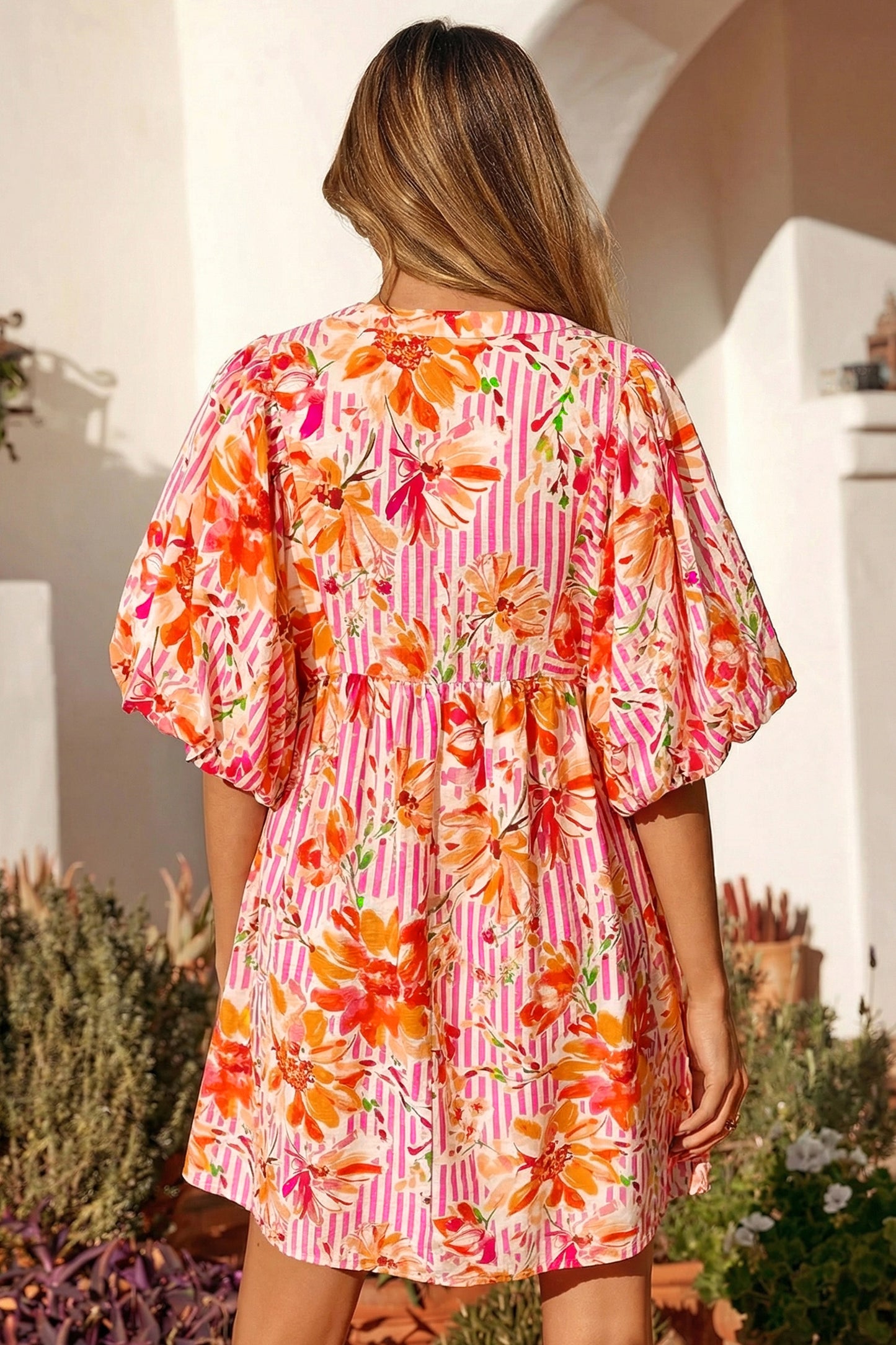 Pink Striped Floral Print Tie Neck Puff Sleeve Loose Mini Dress-TOPS / DRESSES-[Adult]-[Female]-2022 Online Blue Zone Planet