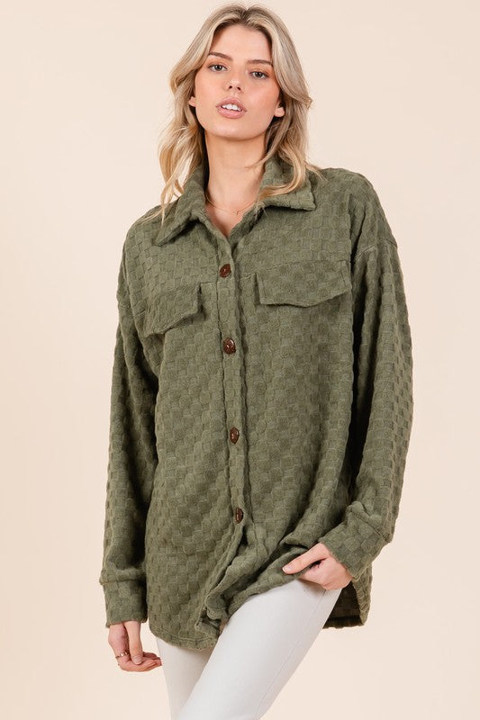 BOMBOM Checkered Button Down Dropped Shoulder Shacket-TOPS / DRESSES-[Adult]-[Female]-Moss-S-2022 Online Blue Zone Planet