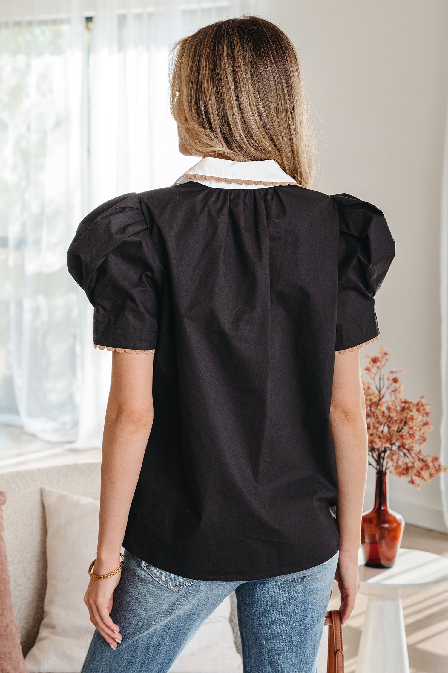 Black Ricrac Trim Color Block Patchwork Shirt Collar Short Sleeve Blouse-Tops/Blouses & Shirts-[Adult]-[Female]-2022 Online Blue Zone Planet