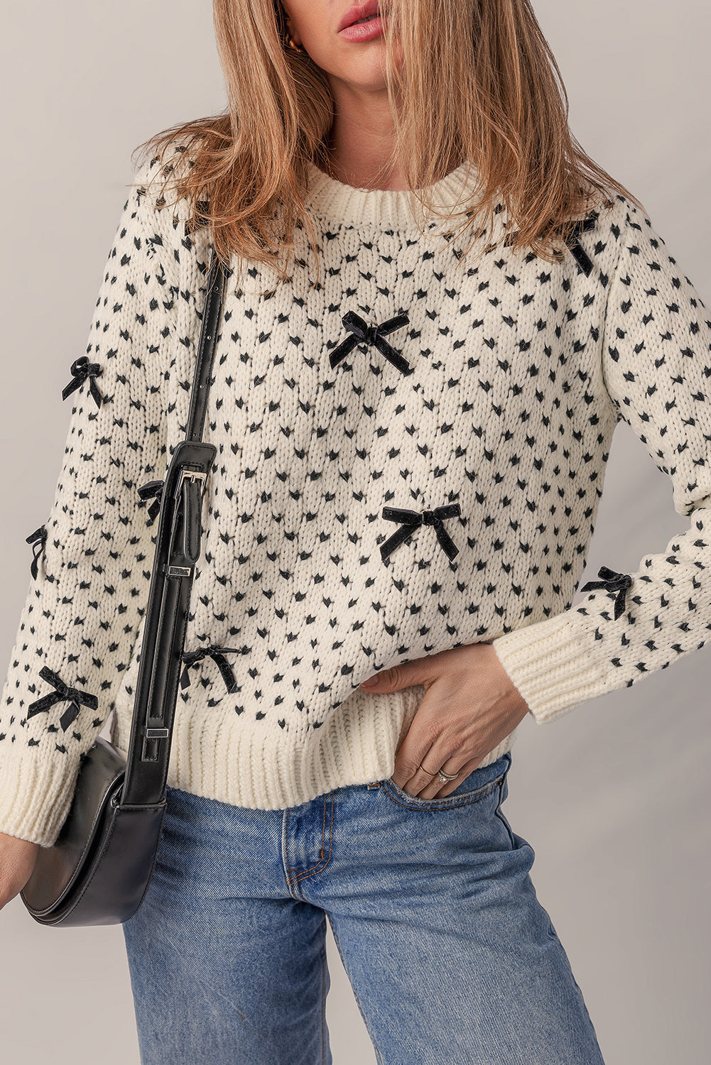 Beige Bow Decor Color Contrast Ribbed Edge Crew Neck Sweater-Sweaters & Cardigans/Sweaters-[Adult]-[Female]-2022 Online Blue Zone Planet