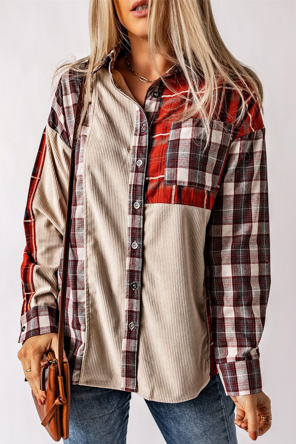 Plaid Patchwork Collared Neck Shacket-TOPS / DRESSES-[Adult]-[Female]-Burgundy-S-2022 Online Blue Zone Planet