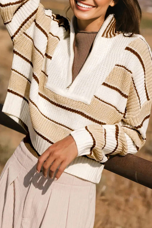 Khaki Stripe Half Zip Drop Shoulder Womens Sweater-TOPS / DRESSES-[Adult]-[Female]-Khaki Stripe-S-2022 Online Blue Zone Planet