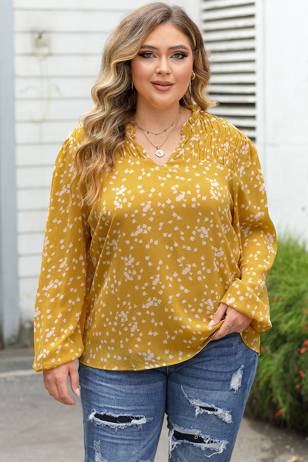 Yellow Plus Size Floral Print Ruched Split Neck Blouse-Sale (50% OFF)/30% OFF-[Adult]-[Female]-Yellow-1X-2022 Online Blue Zone Planet
