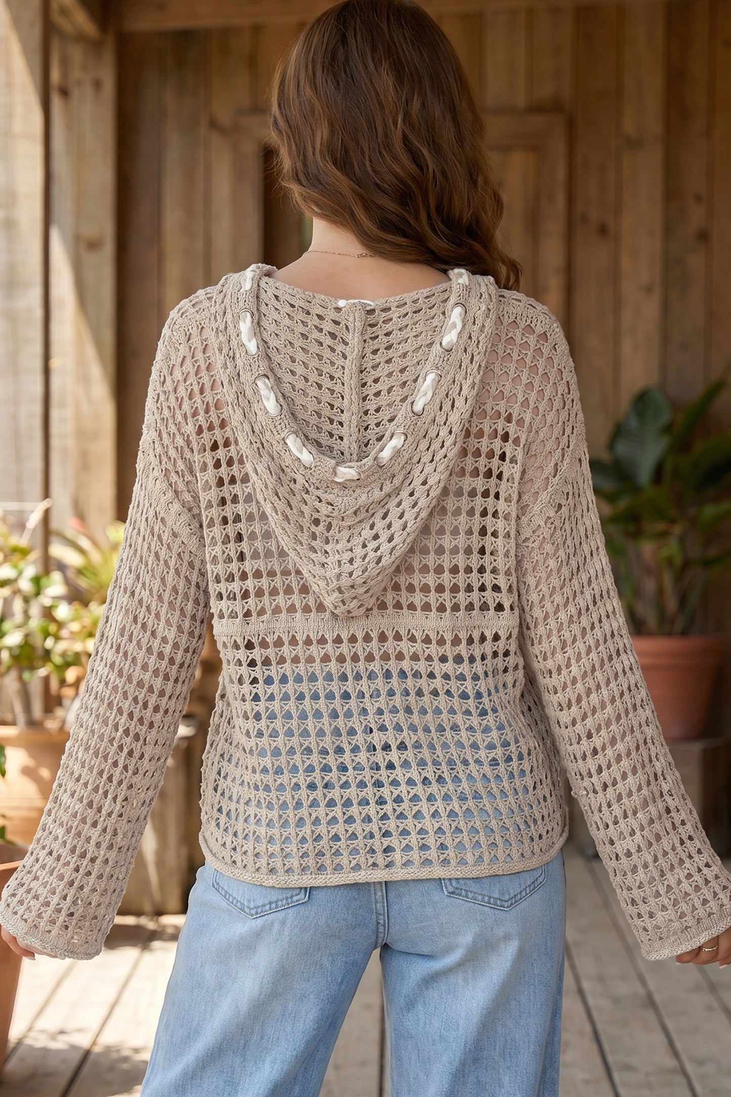 Sage Green Star Pattern Crochet Hooded Drawstring Sweater