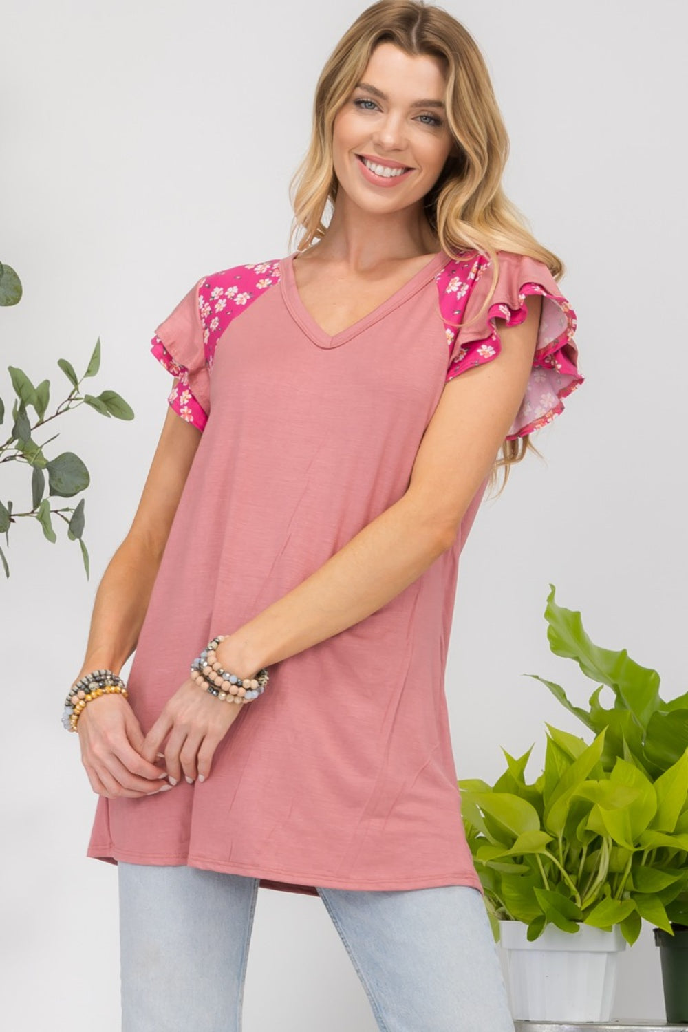 Celeste Full Size Floral Contrast Short Sleeve Top-TOPS / DRESSES-[Adult]-[Female]-2022 Online Blue Zone Planet