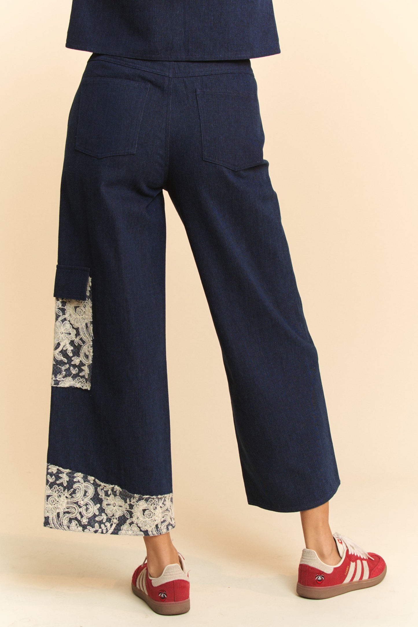Davi & Dani Lace Applique Wide Leg Jeans-BOTTOMS-[Adult]-[Female]-2022 Online Blue Zone Planet