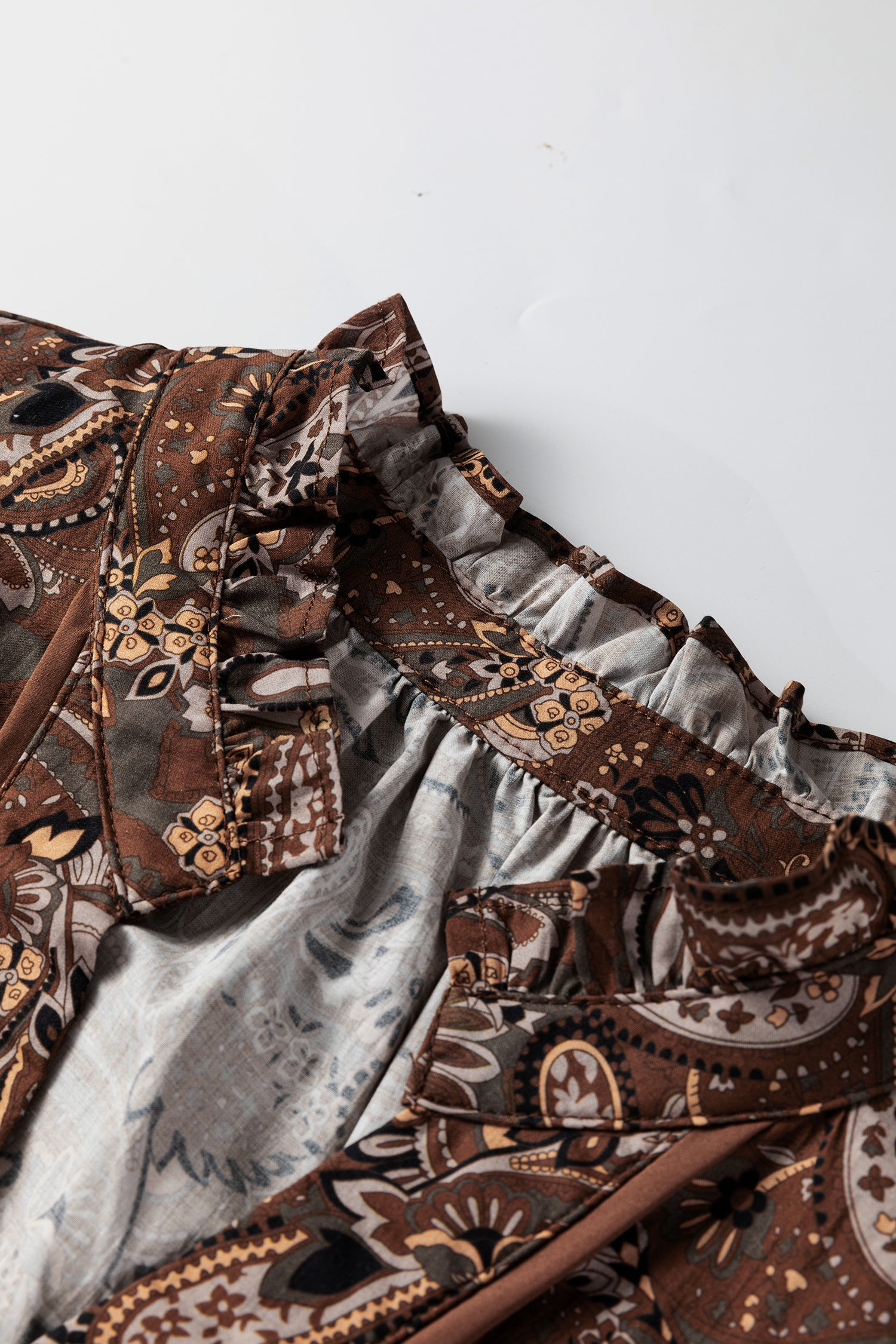 Brown Paisley Print Half Buttons Puff Sleeve Flowy Short Dress-TOPS / DRESSES-[Adult]-[Female]-2022 Online Blue Zone Planet