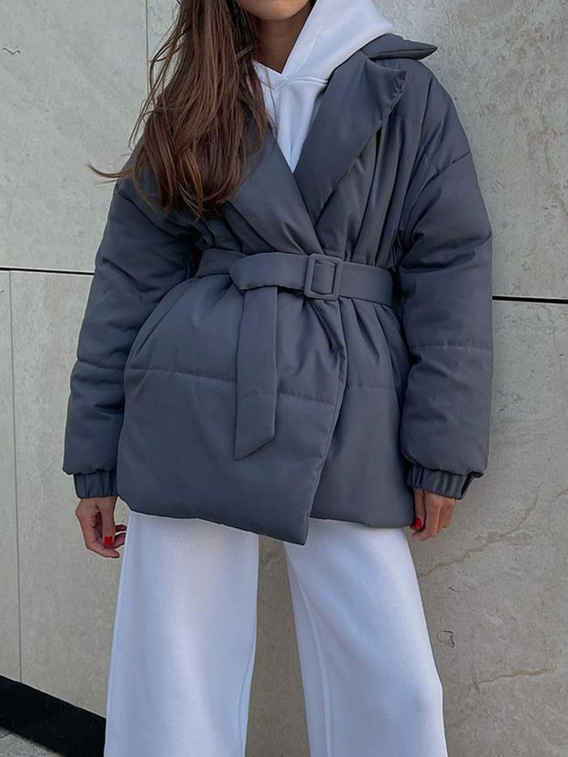 Puffer Long Sleeve Winter Coat with Belt-TOPS / DRESSES-[Adult]-[Female]-Gray-S-2022 Online Blue Zone Planet