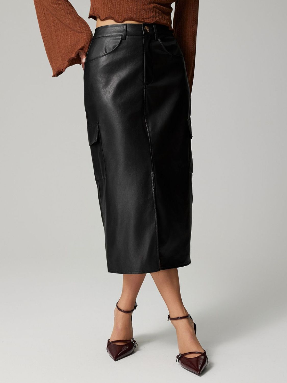 Slit Midi Skirt with Pockets-BOTTOM SIZES SMALL MEDIUM LARGE-[Adult]-[Female]-2022 Online Blue Zone Planet