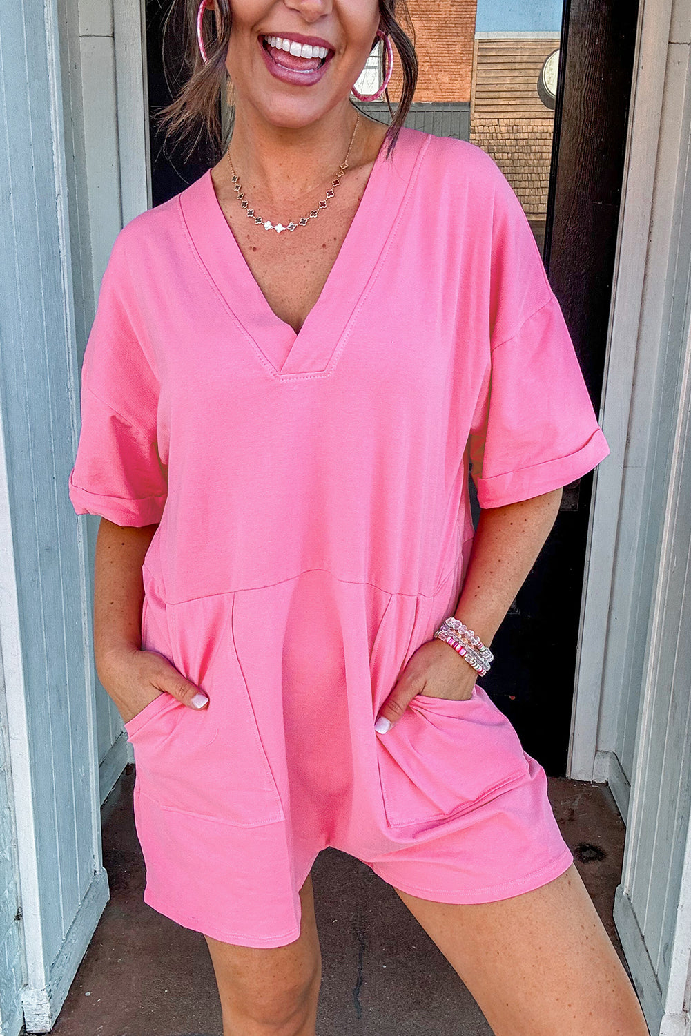 Bonbon Loose Half Sleeve V Neck Knit Romper-Bottoms/Jumpsuits & Rompers-[Adult]-[Female]-Bonbon-S-2022 Online Blue Zone Planet