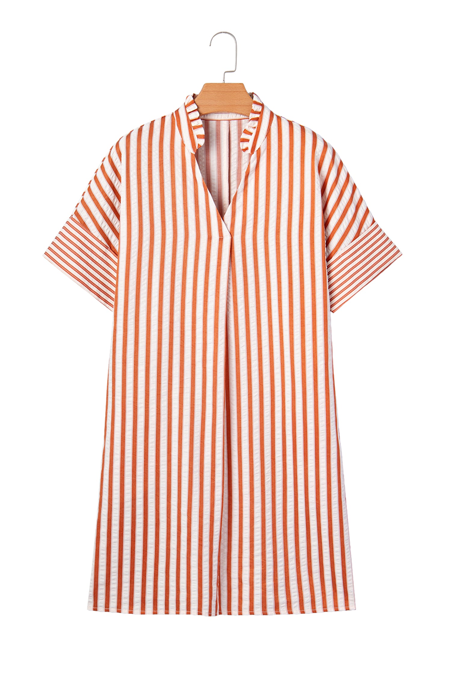 Brown Stripe Pinched V Neck Turn-up Cuffs Shift Mini Dress-TOPS / DRESSES-[Adult]-[Female]-2022 Online Blue Zone Planet