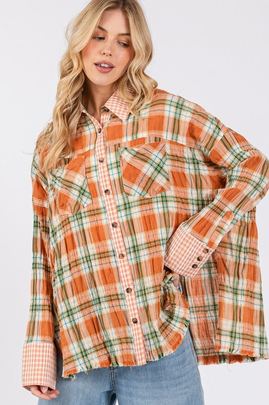 SAGE + FIG Side Slit Plaid Button Down Long Sleeve Shirt-TOPS / DRESSES-[Adult]-[Female]-2022 Online Blue Zone Planet