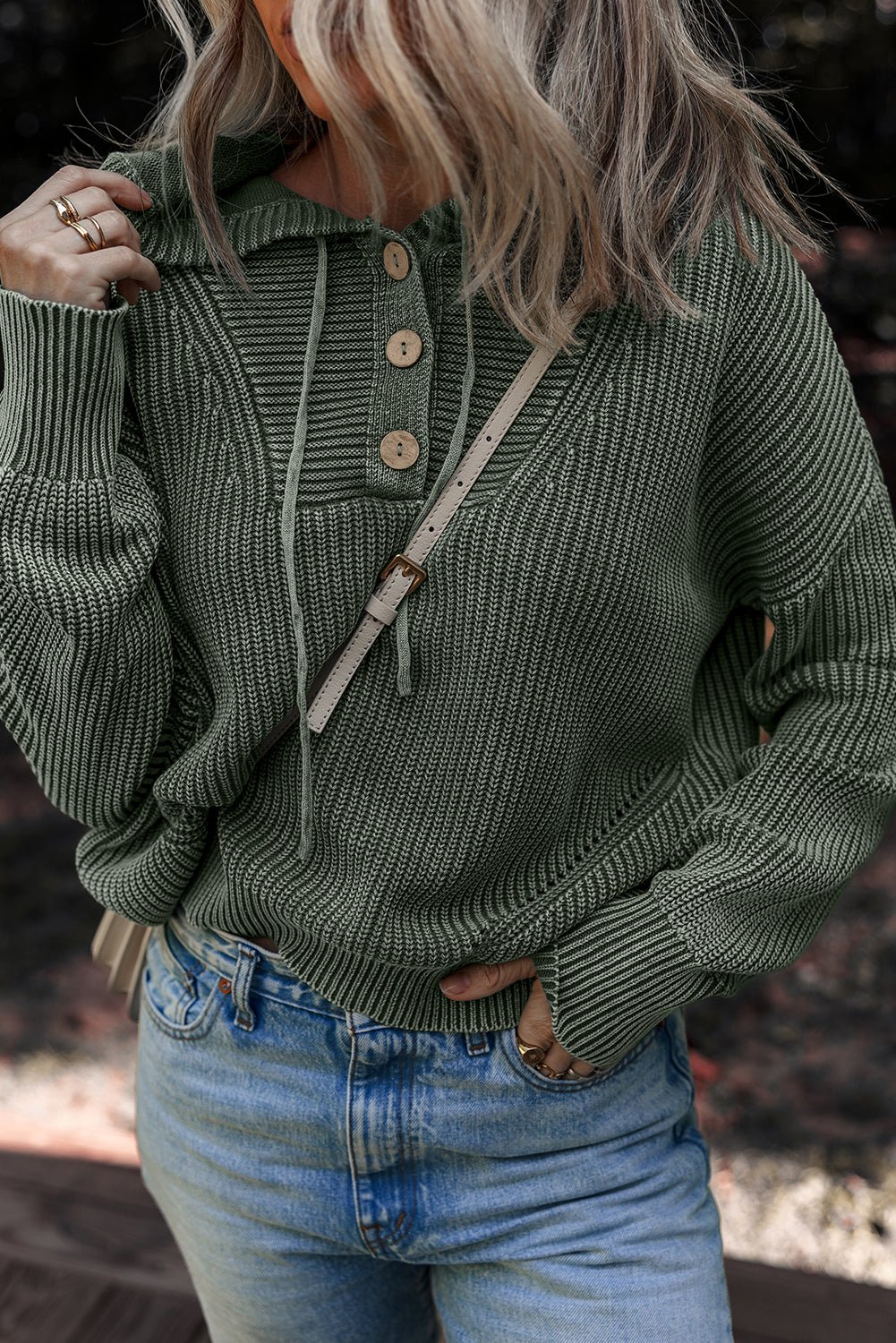 Mist Green Mineral Wash Ribbed Knit Button Drawstring Neck Hooded Sweater-Sweaters & Cardigans/Sweaters-[Adult]-[Female]-2022 Online Blue Zone Planet