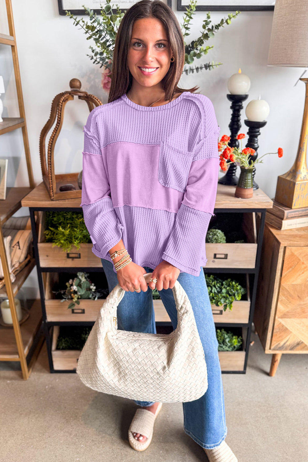 Phalaenopsis Thermal Knit Contrast Textured Patchwork Long Sleeve Top-Tops/Long Sleeve Tops-[Adult]-[Female]-2022 Online Blue Zone Planet