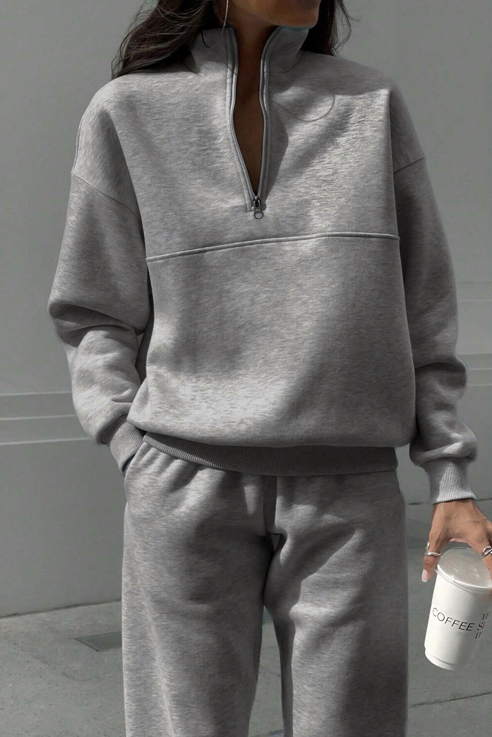 Light Grey Half Zip Drop Shoulder Sweatshirt And Sweatpants Two Piece Set-Two Piece Pants Sets-[Adult]-[Female]-2022 Online Blue Zone Planet