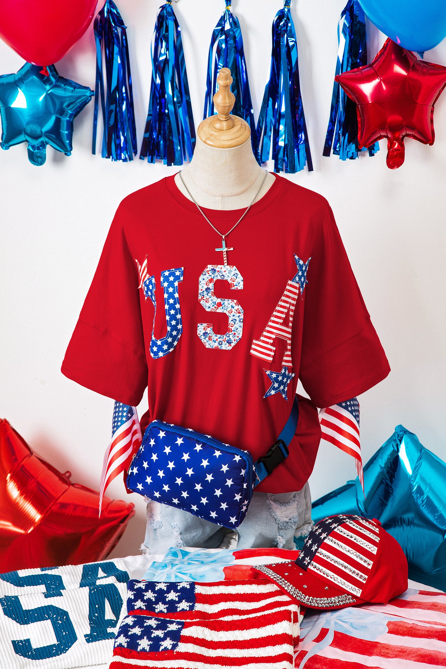 Fiery Red Patriotic Usa Slogan Patch Embroidery Short Sleeve T Shirt-Tops/Tops & Tees-[Adult]-[Female]-2022 Online Blue Zone Planet