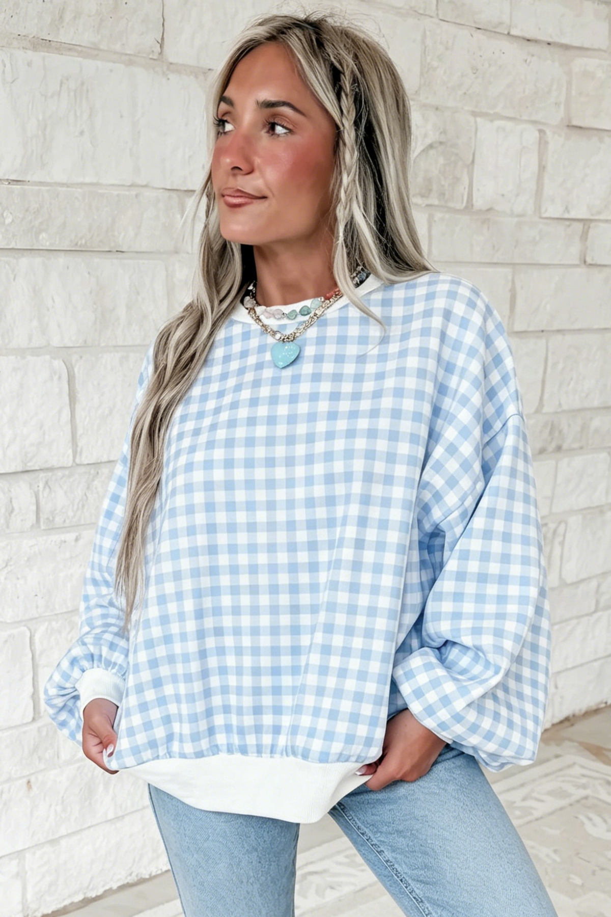 Light Blue Plaid Round Neck Long Sleeve Sweatshirt-Tops/Sweatshirts & Hoodies-[Adult]-[Female]-2022 Online Blue Zone Planet