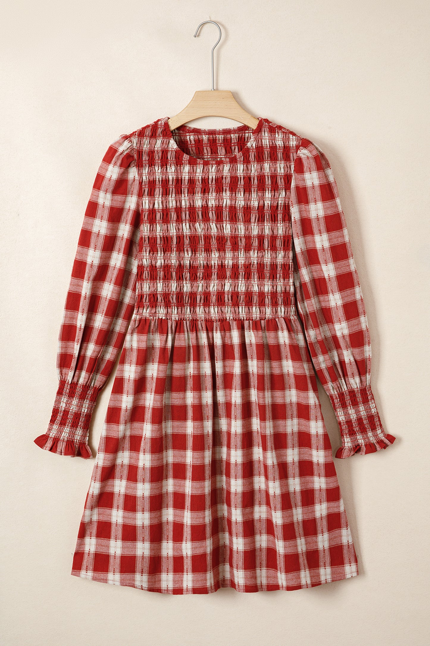 Red Plaid Print Smocked Puff Sleeve Mini Dress-TOPS / DRESSES-[Adult]-[Female]-2022 Online Blue Zone Planet