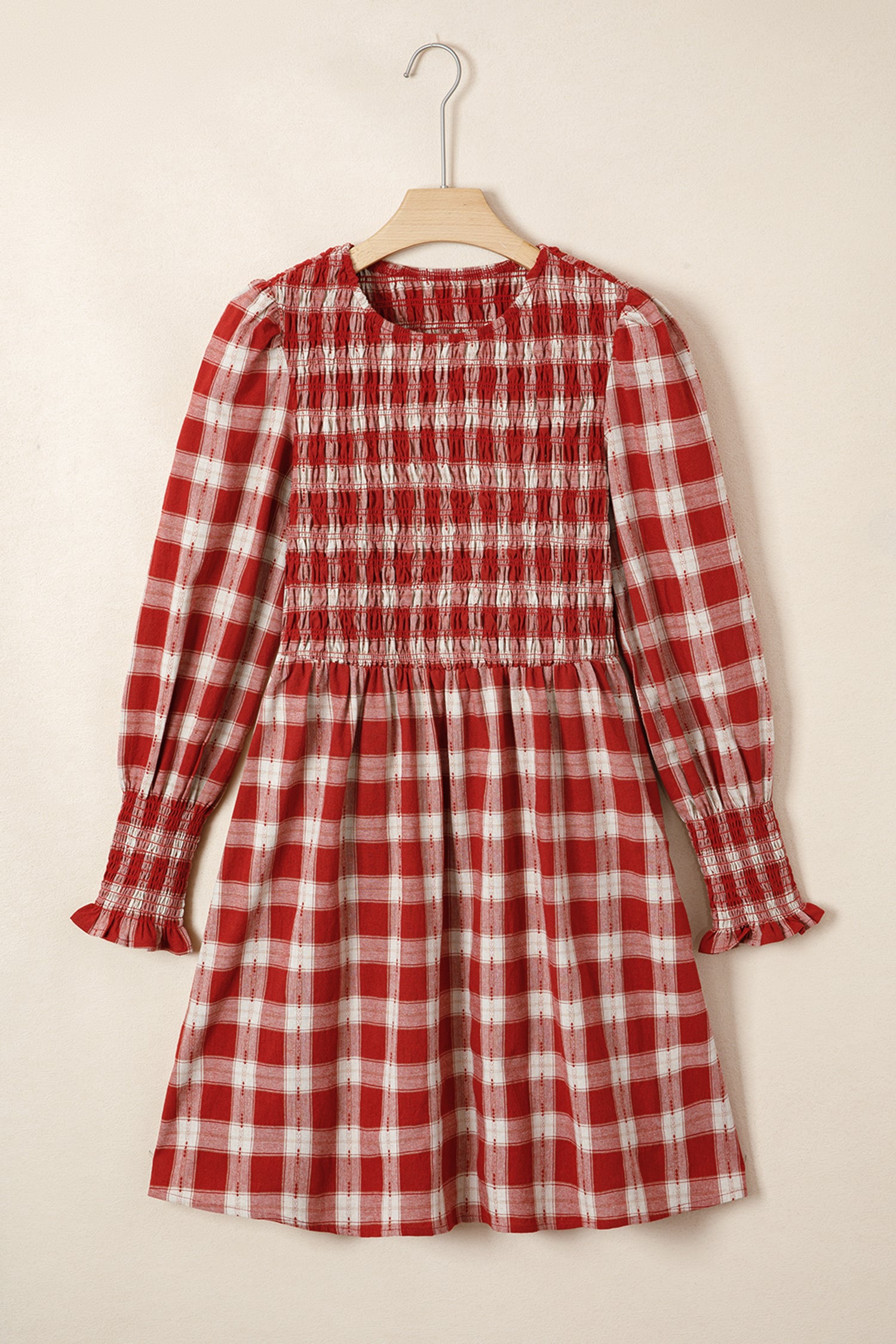 Red Plaid Print Smocked Puff Sleeve Mini Dress-TOPS / DRESSES-[Adult]-[Female]-2022 Online Blue Zone Planet