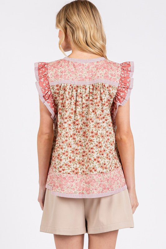 Mittoshop Floral Notched Ruffled Cap Sleeve Blouse-TOPS / DRESSES-[Adult]-[Female]-2022 Online Blue Zone Planet