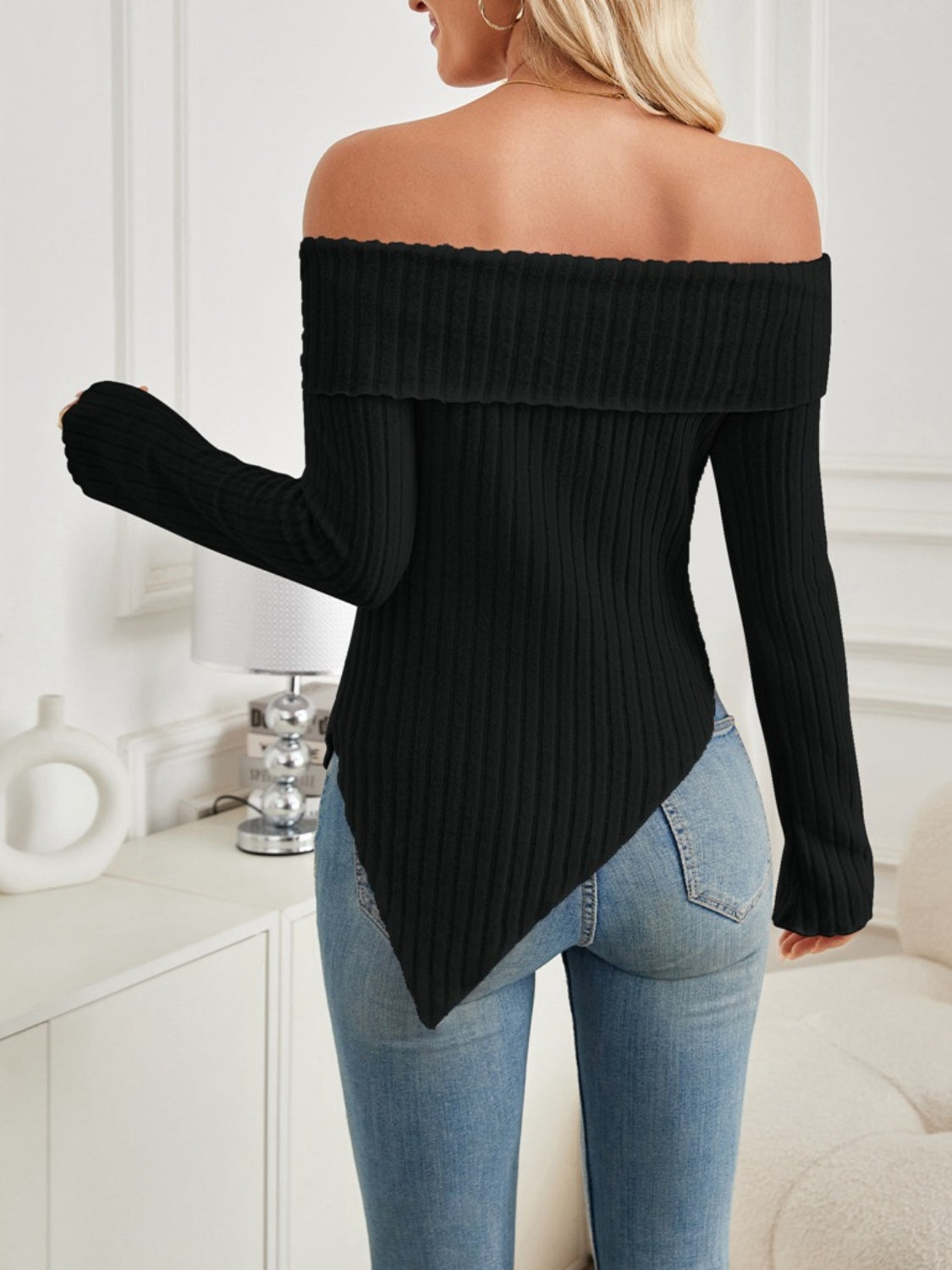 Ribbed Asymmetrical Hem Off-Shoulder Long Sleeve T-Shirt-[Adult]-[Female]-2022 Online Blue Zone Planet