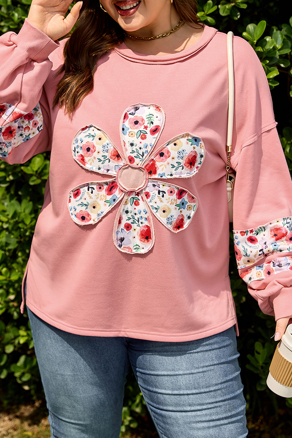 Peach Blossom Plus Size Floral Applique Drop Shoulder Sweatshirt-Plus Size/Plus Size Sweatshirts & Hoodies-[Adult]-[Female]-2022 Online Blue Zone Planet