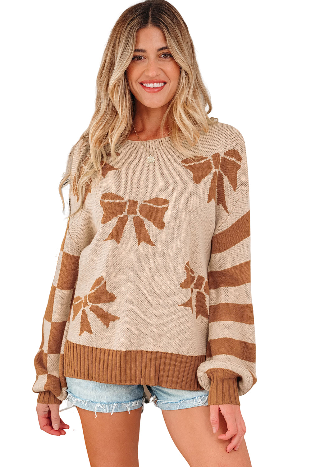 Straw Yellow Ribbon Bow Print Checkered Striped Sleeve Drop Shoulder Sweater-TOPS / DRESSES-[Adult]-[Female]-2022 Online Blue Zone Planet