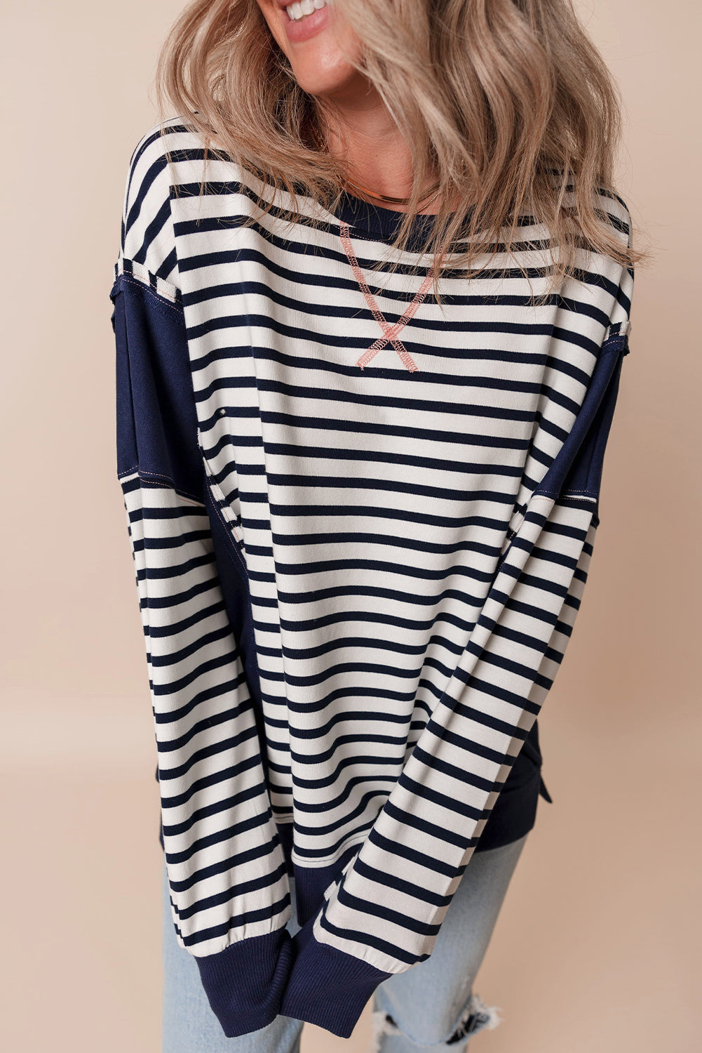 White Stripe Color Block Exposed Seam Loose Fit Sweatshirt-Tops/Sweatshirts & Hoodies-[Adult]-[Female]-2022 Online Blue Zone Planet