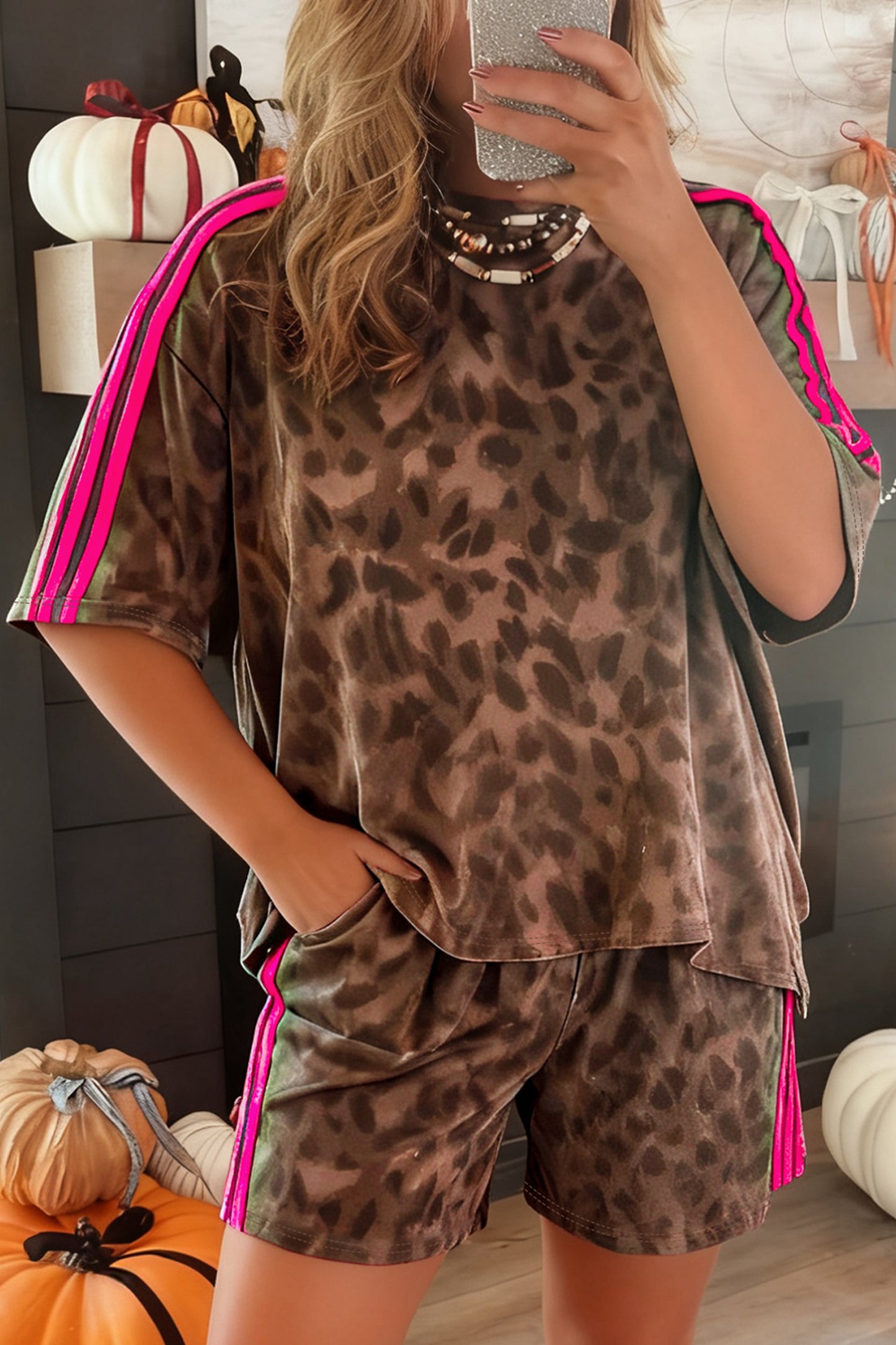 Brown Contrast Striped Accent Leopard Short Set-Two Piece Sets/Short Sets-[Adult]-[Female]-Brown-S-2022 Online Blue Zone Planet