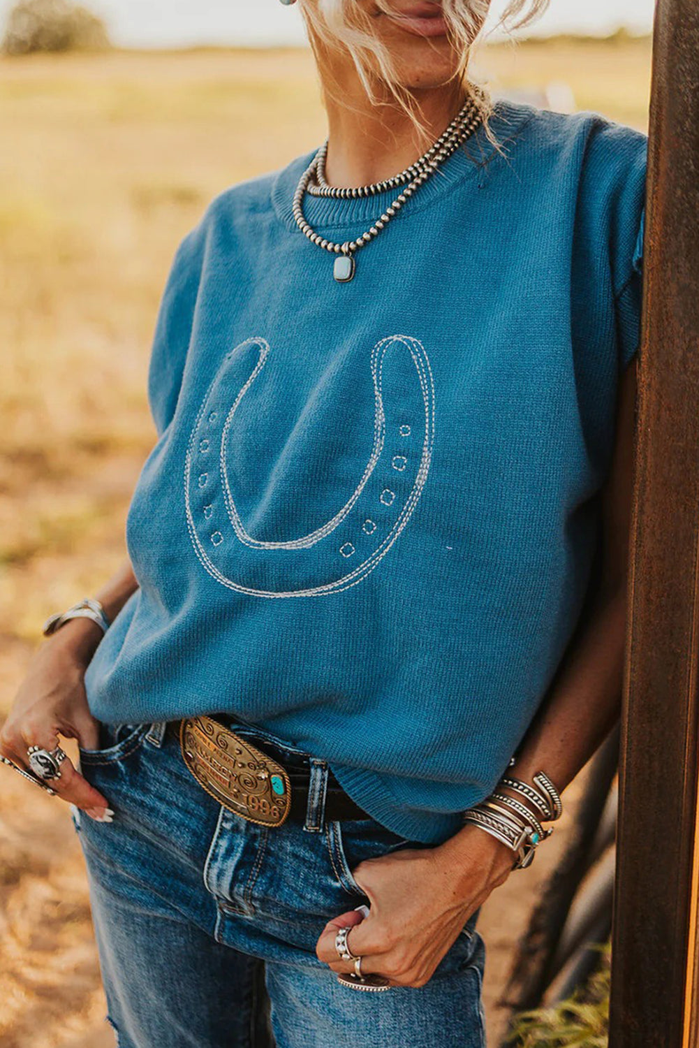 Light Blue Horse Shoe Embroidered Loose Short Sleeve Sweater-TOPS / DRESSES-[Adult]-[Female]-2022 Online Blue Zone Planet