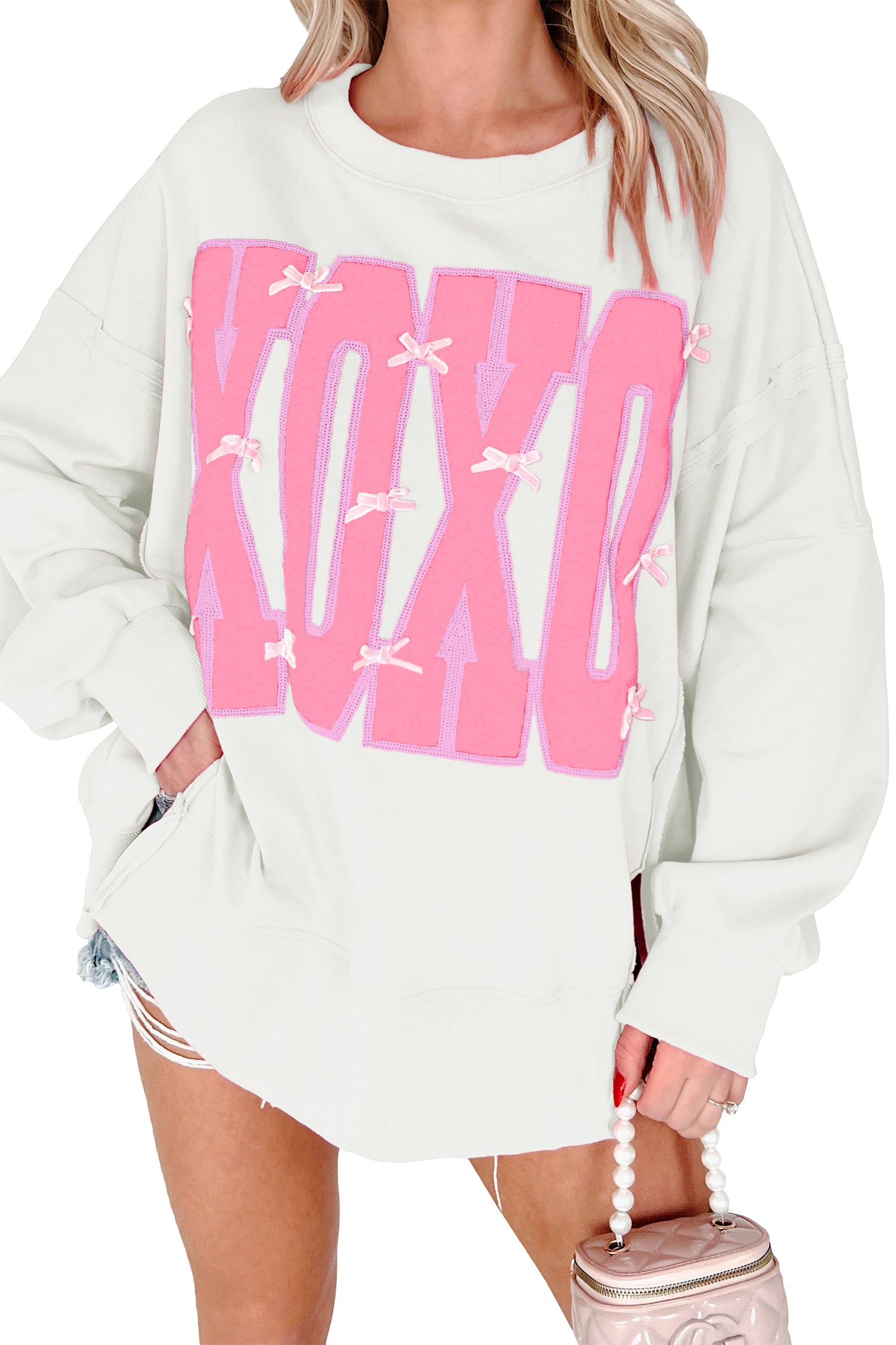 White Bow Sequin XOXO Letter Graphic Exposed Seam Baggy Sweatshirt-Pre Order Sweatshirts & Hoodies-[Adult]-[Female]-2022 Online Blue Zone Planet