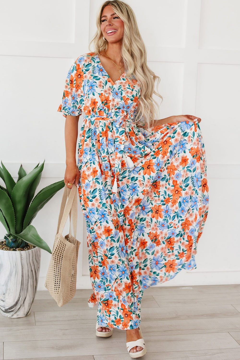 Tied Slit Printed Half Sleeve Maxi Dress-TOPS / DRESSES-[Adult]-[Female]-Floral-S-2022 Online Blue Zone Planet