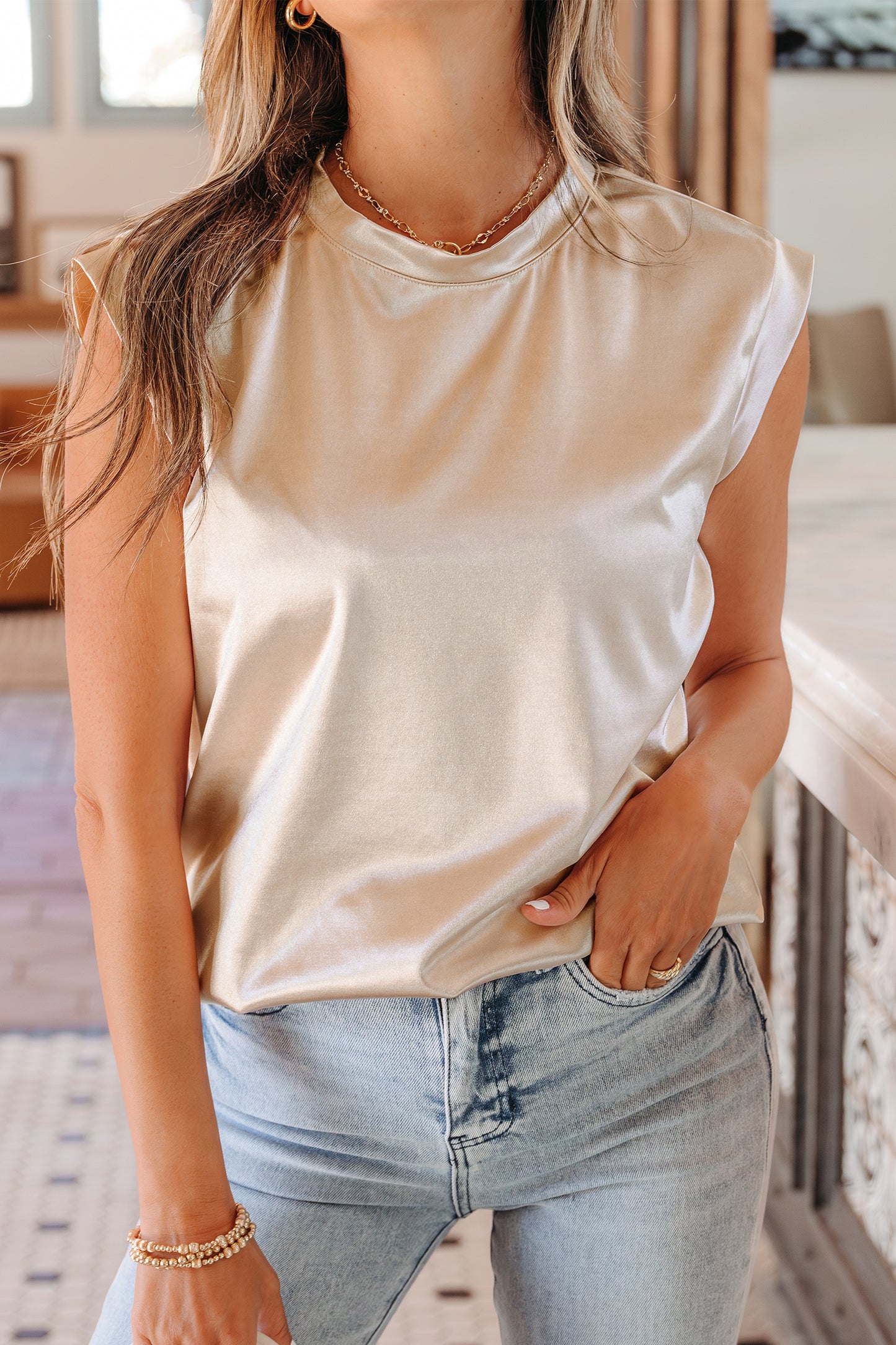 Gold Round Neck Metallic Tank Top-Tops/Tank Tops-[Adult]-[Female]-2022 Online Blue Zone Planet