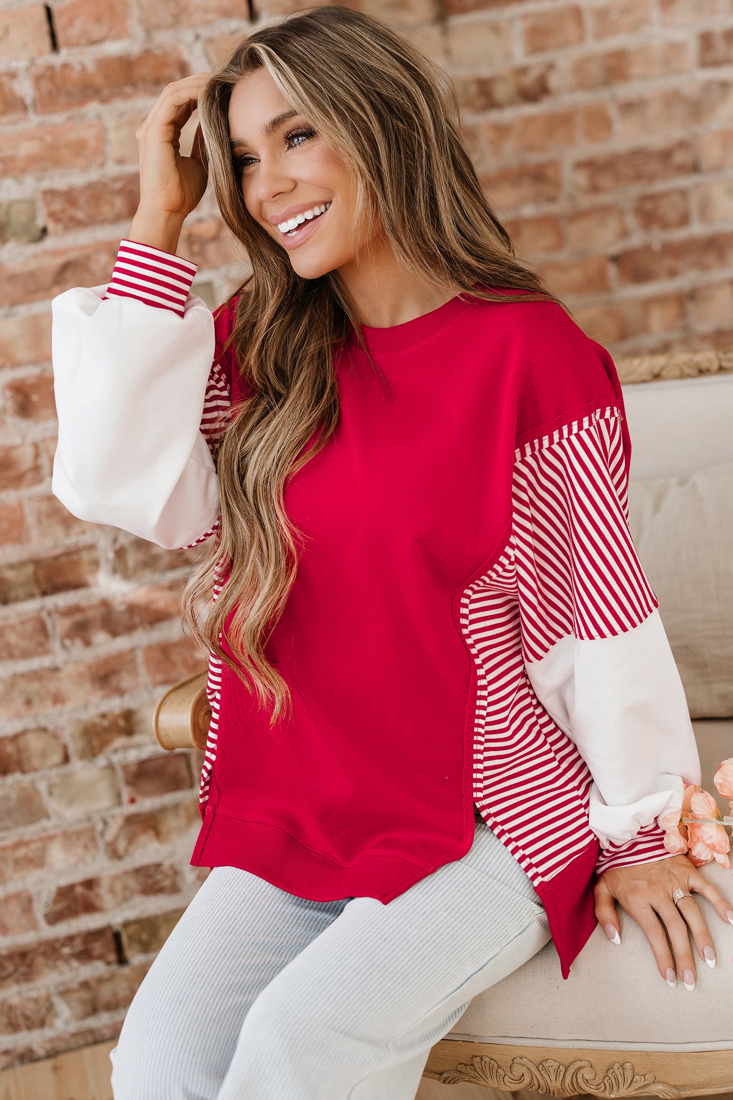 Fiery Red Striped Patchwork Sleeve Colorblock Sweatshirt-Tops/Sweatshirts & Hoodies-[Adult]-[Female]-2022 Online Blue Zone Planet