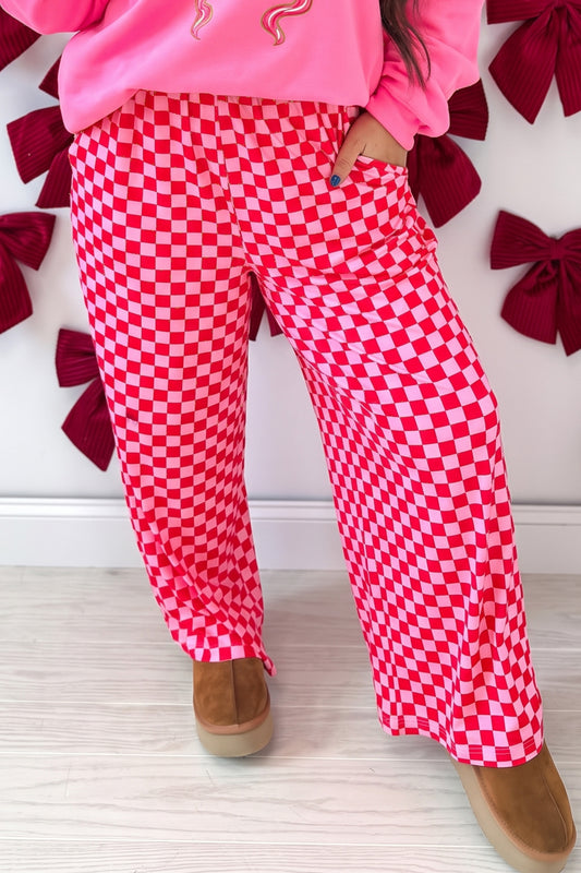 Pink Plus Size Checkered Pattern Loose Casual Pants-TOPS / DRESSES-[Adult]-[Female]-Pink-1X-2022 Online Blue Zone Planet