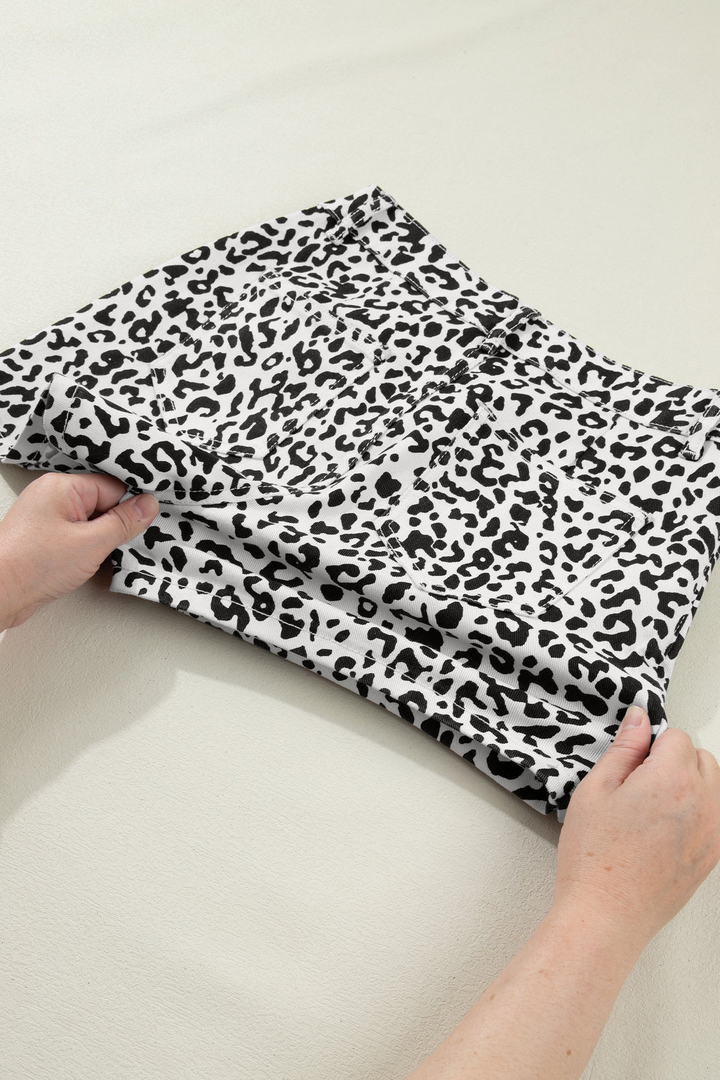 Black Leopard Print Button Overlap Denim Shorts-Bottoms/Denim Shorts-[Adult]-[Female]-2022 Online Blue Zone Planet