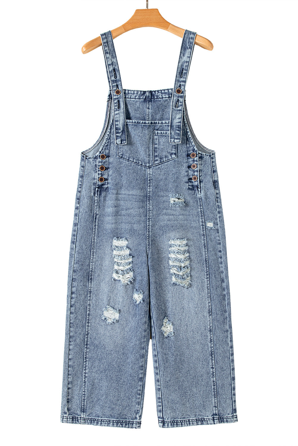 Blue Zone Planet | Stone Blue Distressed Bib Pocket Wide Leg Denim Overall-Bottoms/Jumpsuits & Rompers-[Adult]-[Female]-2022 Online Blue Zone Planet