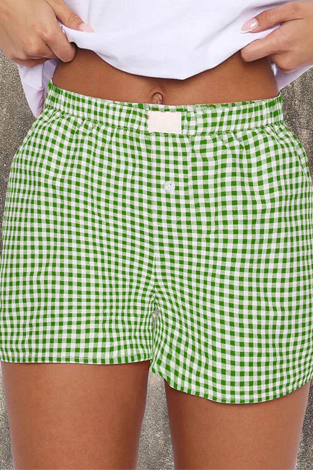 Fern Green Red Plaid Gingham Printed High Waist Shorts-Bottoms/Casual Shorts-[Adult]-[Female]-2022 Online Blue Zone Planet
