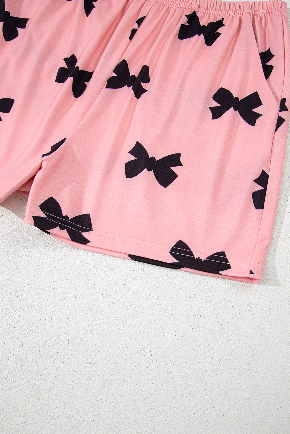 Pink Allover Bow Print Pockets Cropped Pajama Set-Loungewear Set-[Adult]-[Female]-2022 Online Blue Zone Planet