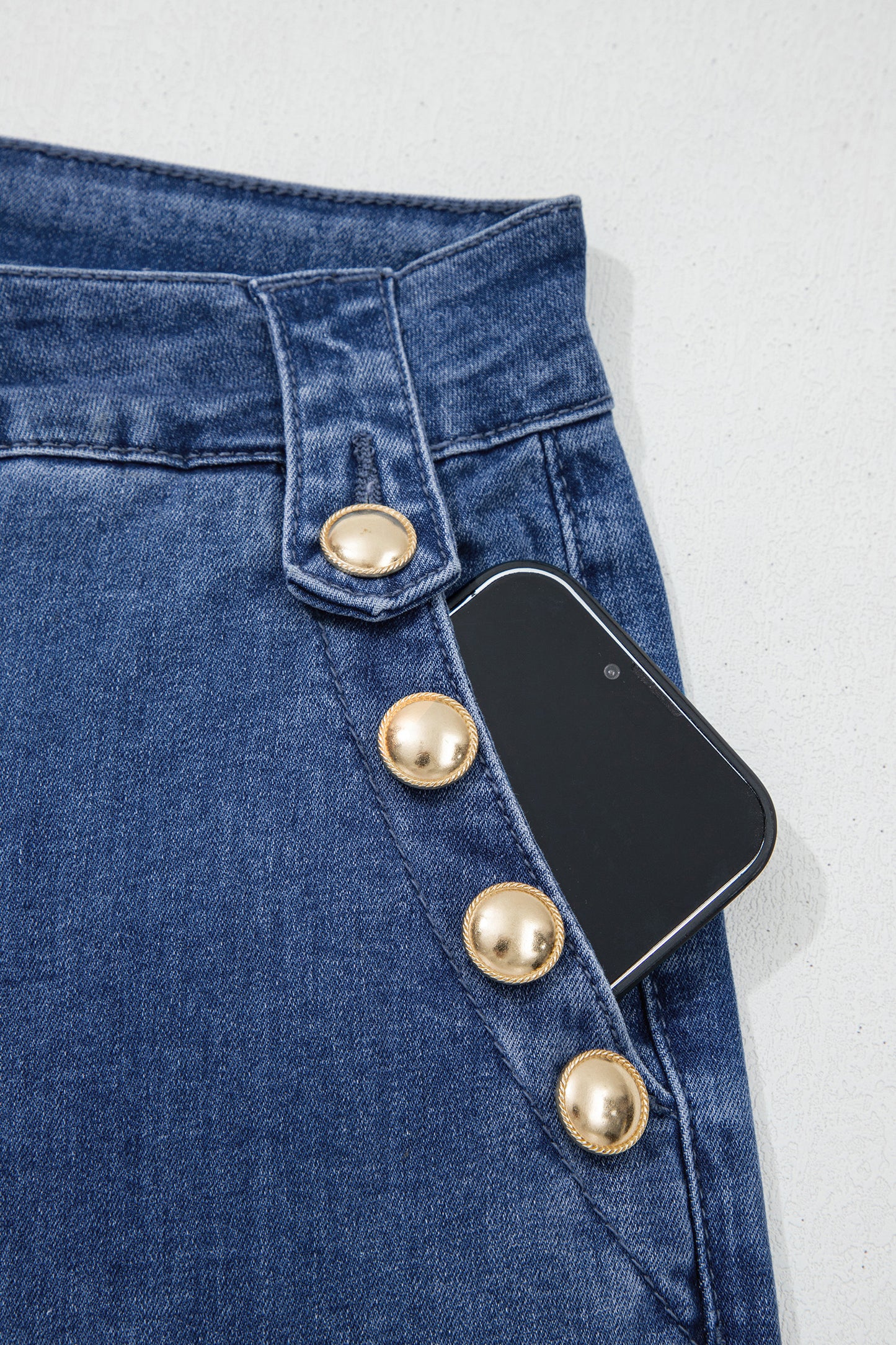 Ashleigh Blue Golden Button Detail Rolled Edge Flare Leg Jeans-Bottoms/Jeans-[Adult]-[Female]-2022 Online Blue Zone Planet